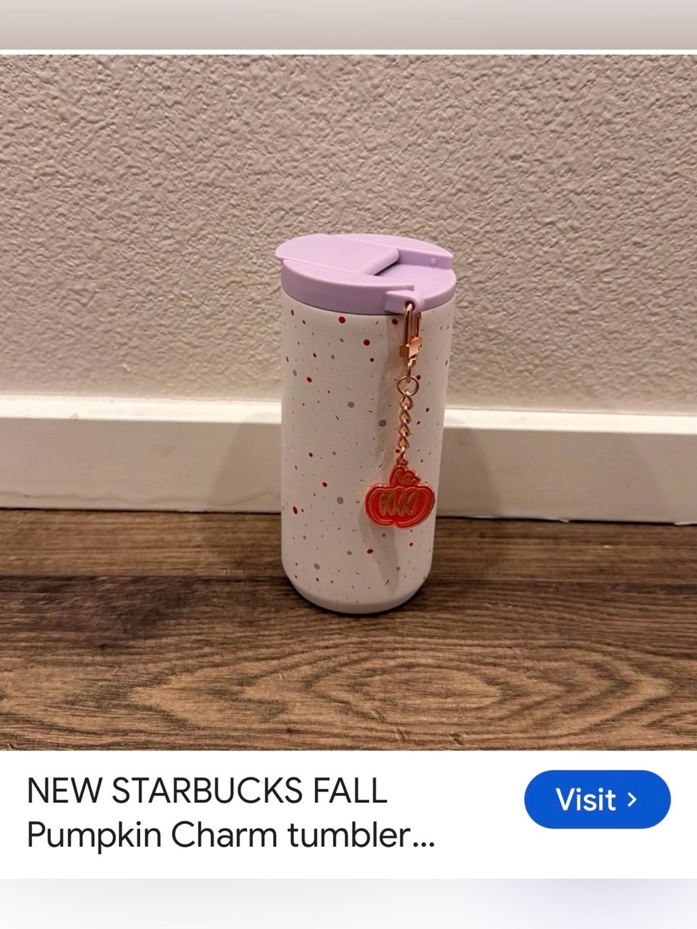 #3155*Starbucks White Speckled Tumbler with Pink Lid and Pumpkin Charm